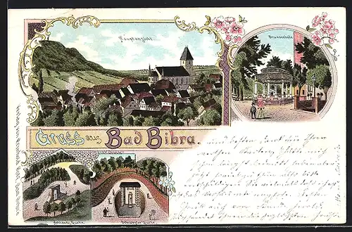 Lithographie Bad Bibra, Brunnenhalle, Schwester Quelle, Totalansicht
