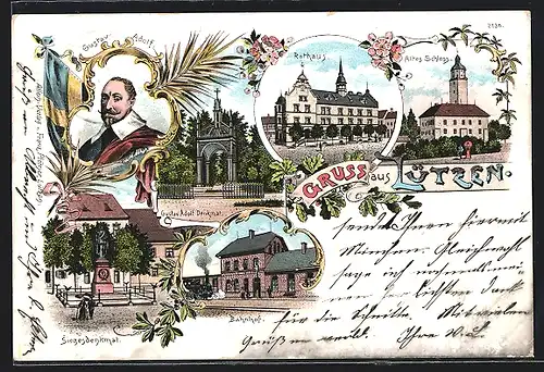 Lithographie Lützen, Rathaus, altes Schloss, Bahnhof, Siegesdenkmal