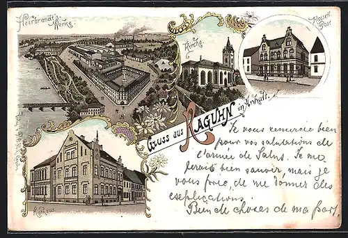 Lithographie Raguhn /Anhalt, Heerbrandts Werke aus der Vogelschau, Rathaus, Post