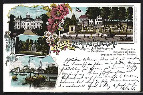 Lithographie Dessau, Gastwirtschaft Elbhaus von Max Kelsch, Schloss im Georgium, Wallwitzhafen