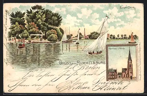 Lithographie Berlin-Rummelsburg, Liebes-Insel, Pfarrhaus und Kirche