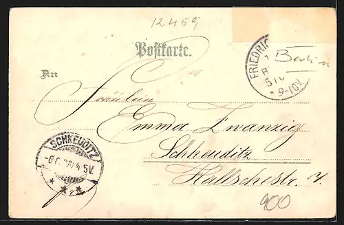 Lithographie Berlin-Rummelsburg, Liebes-Insel, Pfarrhaus und Kirche