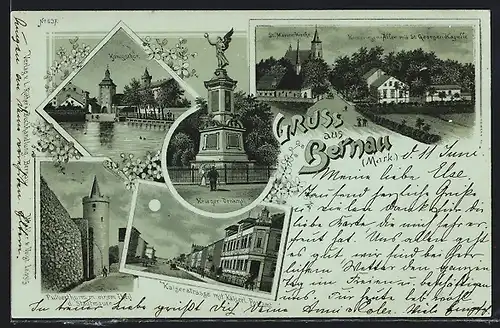 Lithographie Bernau / Mark, Pulverturm mit Teil d. Stadtmauer, Königstor, Kronprinzen-Allee mit St. Georgen-Kapelle