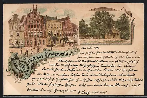 Lithographie Greifswald, Strassenpartie mit wunderschönen Gebäuden, Ortsansicht