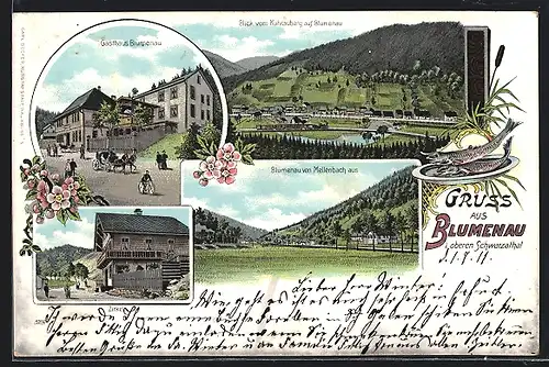 Lithographie Blumenau /Schwarzathal, Gasthaus Blumenau, Zirkel, Ortsansicht vom Kuhrauberg