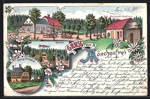 Lithographie Mönchenfrei, Gleichnamiger Gasthof mit Garten, Königl. Försterei