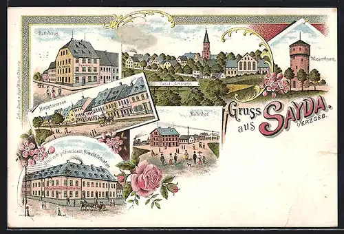 Lithographie Sayda i. Erzgeb., Hotel zum gold`nen Löwen, Rathaus, Hauptstrasse und Wasserturm