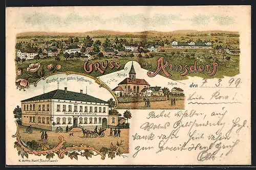 Lithographie Arnsdorf, Gasthof zur guten Hoffnung, Kirche und Schule