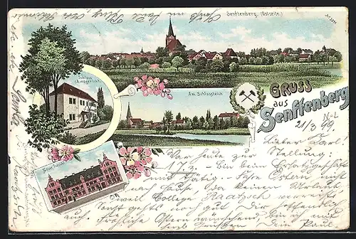 Lithographie Senftenberg, Schloss (Amtsgericht), Am Schlossteich und Neue Schule