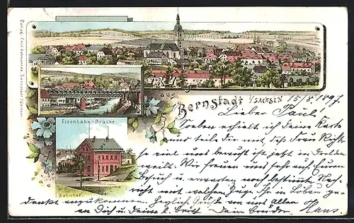 Lithographie Bernstadt /Sachsen, Bahnhof, Eisenbahnbrücke und Panorama