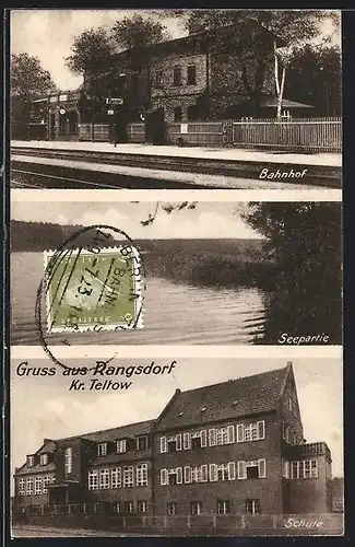 AK Rangsdorf /Kr. Teltow, Bahnhof, Seepartie und Schule