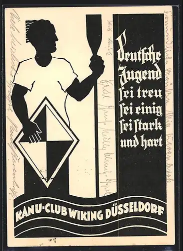 Künstler-AK Düsseldorf, Kanu-Club Wiking, Deutsche Jugend sei treu, sei einig, sei stark und hart