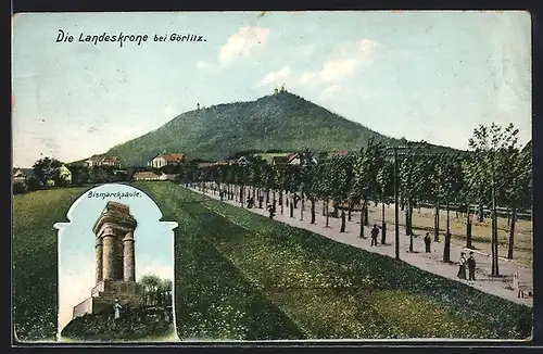AK Görlitz, Strassenbahn an der Landeskrone, Bismarcksäule