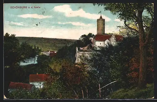 AK Schönburg a. d. Saale, Teilansicht mit Burg von Hügel aus