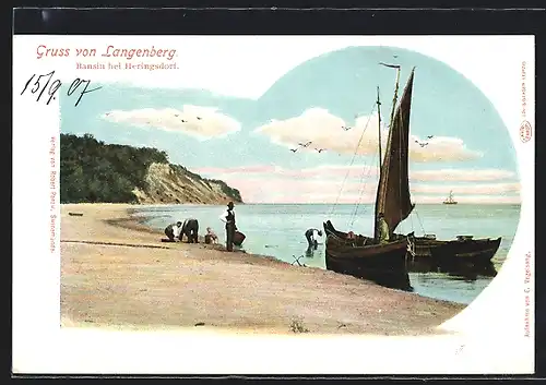 AK Bansin, Fischer mit Segelboot am Strand Langenberg