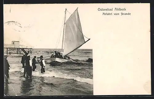 AK Ahlbeck, Abfahrt vom Strande, Segelboot rudert raus