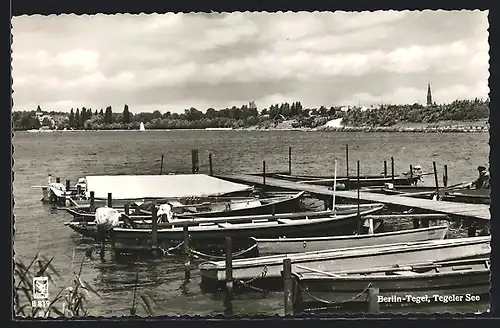 AK Berlin-Tegel, Pier mit angedockten Booten am Tegeler See