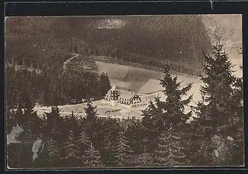 AK Oberwiesenthal i. Erzgeb., Fremdenhof Rotes Vorwerk im Schnee