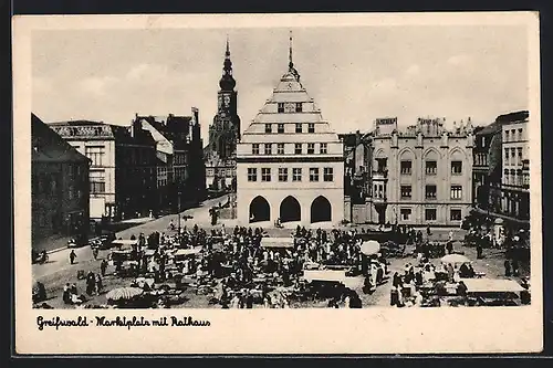 AK Greifswald, Marktplatz mit Rathaus