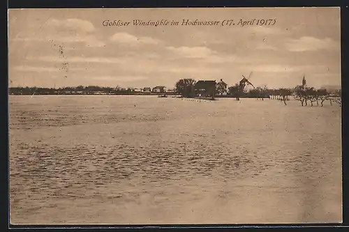 AK Gohlis, Gohliser Windmühle im Hochwasser 1917