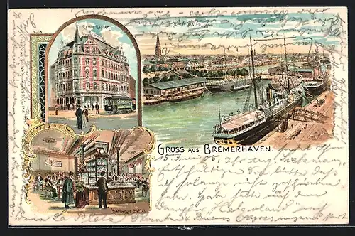 Lithographie Bremerhaven, Gasthaus Hamburger Buffet, Neuer Hafen, Castle Garden