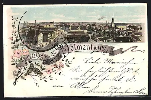 Lithographie Delmenhorst, Teilansicht mit Strassenpartie und Kirche