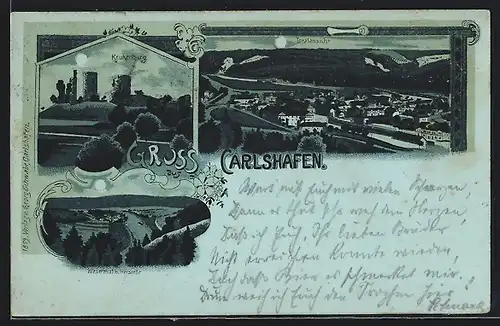 Mondschein-Lithographie Carlshafen, Totalansicht, Krukenburg, Weserthal b. Herstelle