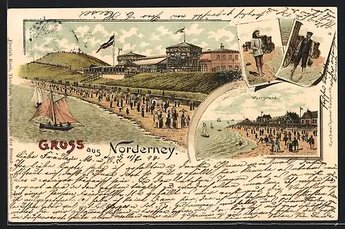 Lithographie Norderney, Restaurant Giftbude am Strand, Weststrand, Fischer