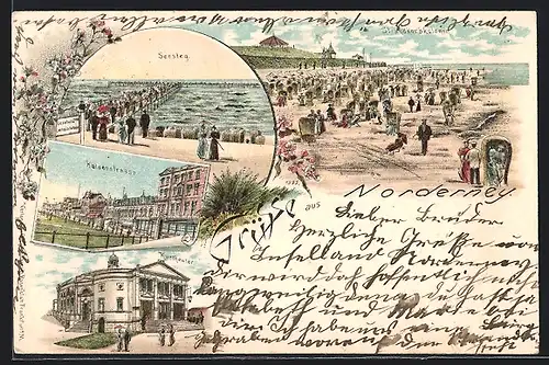 Lithographie Norderney, Kurtheater, Strandkorbkolonie, Seesteg