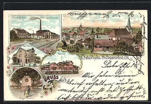 Lithographie Osterholz-Scharmbeck, Bahnhofs-Hotel und Osterholzer Reiswerke, Bahnhof, Kaiserliches Postamt