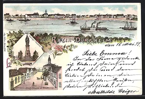 Lithographie Rhein-Dürkheim, Uferpartie, Kirch-Strasse mit Friedenseiche, Krieger-Denkmal