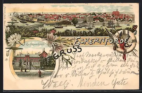 Lithographie Eckernförde, Teilansicht, Königliche Baugewerkschule