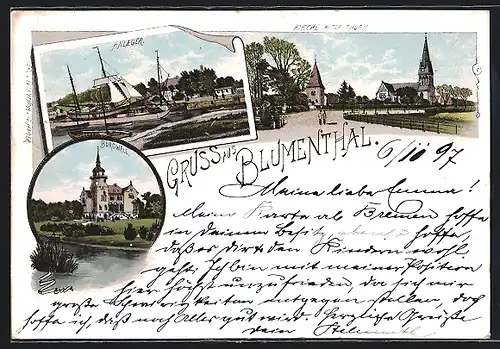 Lithographie Blumenthal, Anleger, Kirche und alter Turm, Burgwall