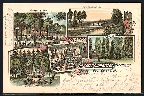 Lithographie Northeim, Hotel Bad Rhumethal, Inneres Saal, Veranda mit Fontaine, Konzertgarten