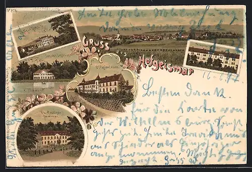 Lithographie Hofgeismar, Offizier-Casino, Neue Schule, Dragoner-Kaserne