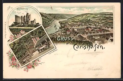 Vorläufer-Lithographie Carlshafen, 1895, Gasthaus Juliushöhe, Kruckenburg, Panorama