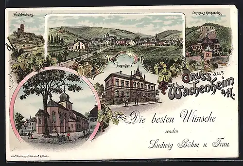 Lithographie Wachenheim, Bürger-Spital, Forsthaus Rothsteig, Blick auf die Kirche, Totalansicht