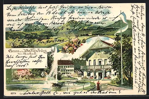 Lithographie Miesbach, Gasthaus Wallenburg mit Fontäne, Bergpanorama