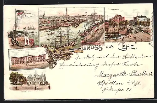 Lithographie Lehe, Matrosen-Artillerie-Kaserne, Rathaus mit Krieger-Denkmal, Geestebrücke