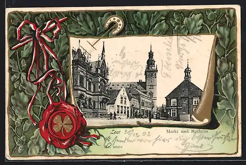 Passepartout-Lithographie Leer, Markt und Rathaus, Eichenzweige und Siegel