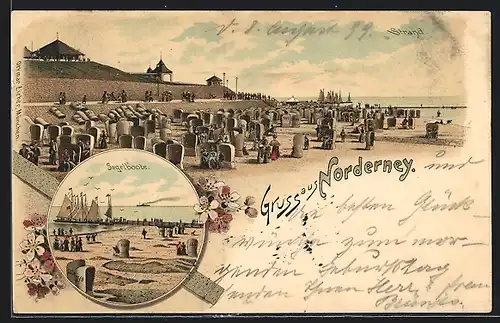 Lithographie Norderney, Badegäste am Strand, Segelboote