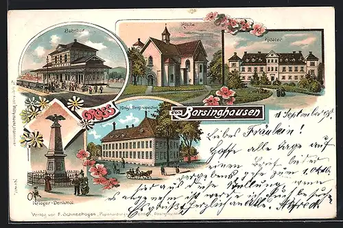 Lithographie Barsinghausen, Bahnhof mit Dampflok, Kloster, Königl. Berginspection