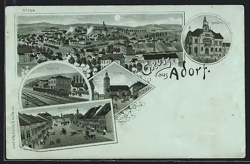 Lithographie Adorf, Bahnhof, Kirche, Marktplatz