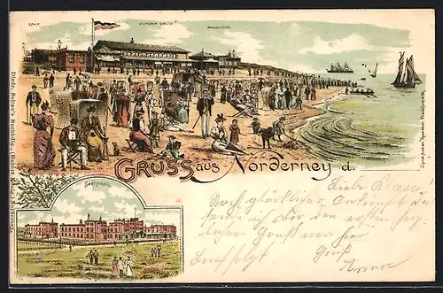 Lithographie Norderney, Seehospiz, Strand mit Victoria-Halle und Strandkörben, Marienhöhe