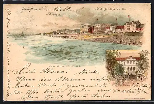 Lithographie Norderney, Gashaus Logierhaus, Kaiserstrasse vom Meer aus