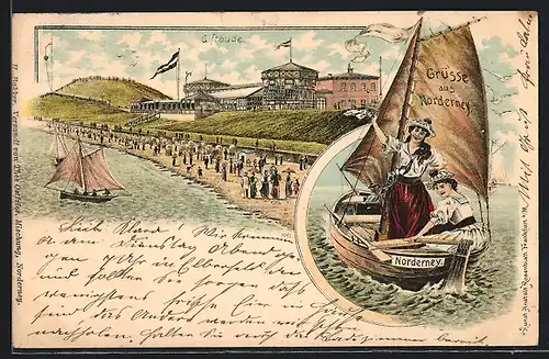 Lithographie Norderney, Gasthaus Giftbude, Zwei Frauen im Boot Norderney