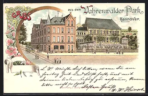 Lithographie Hannover, Gasthaus Vahrenwalder Park mit Strassenbahn