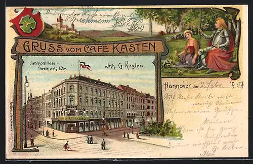 Lithographie Hannover, Cafe Kasten, Bahnhofstrasse Ecke Theaterplatz, Ländliche Szene mit Ritter und Burg, Wappen