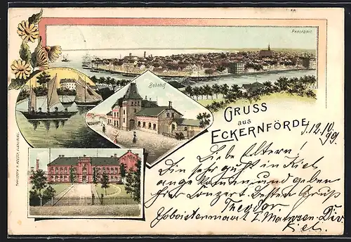 Lithographie Eckernförde, Bahnhof, Bauschule, Heimkehr vom Fischfang