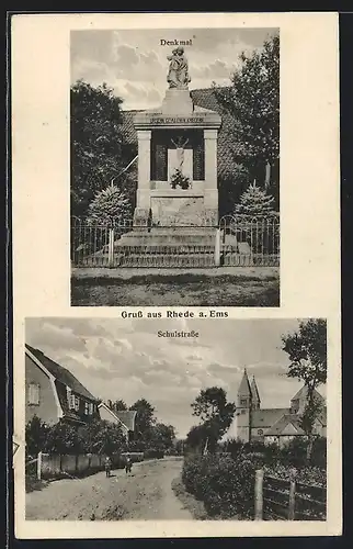 AK Rhede /Ems, Schulstrasse mit Kirche, Gefallenen-Denkmal